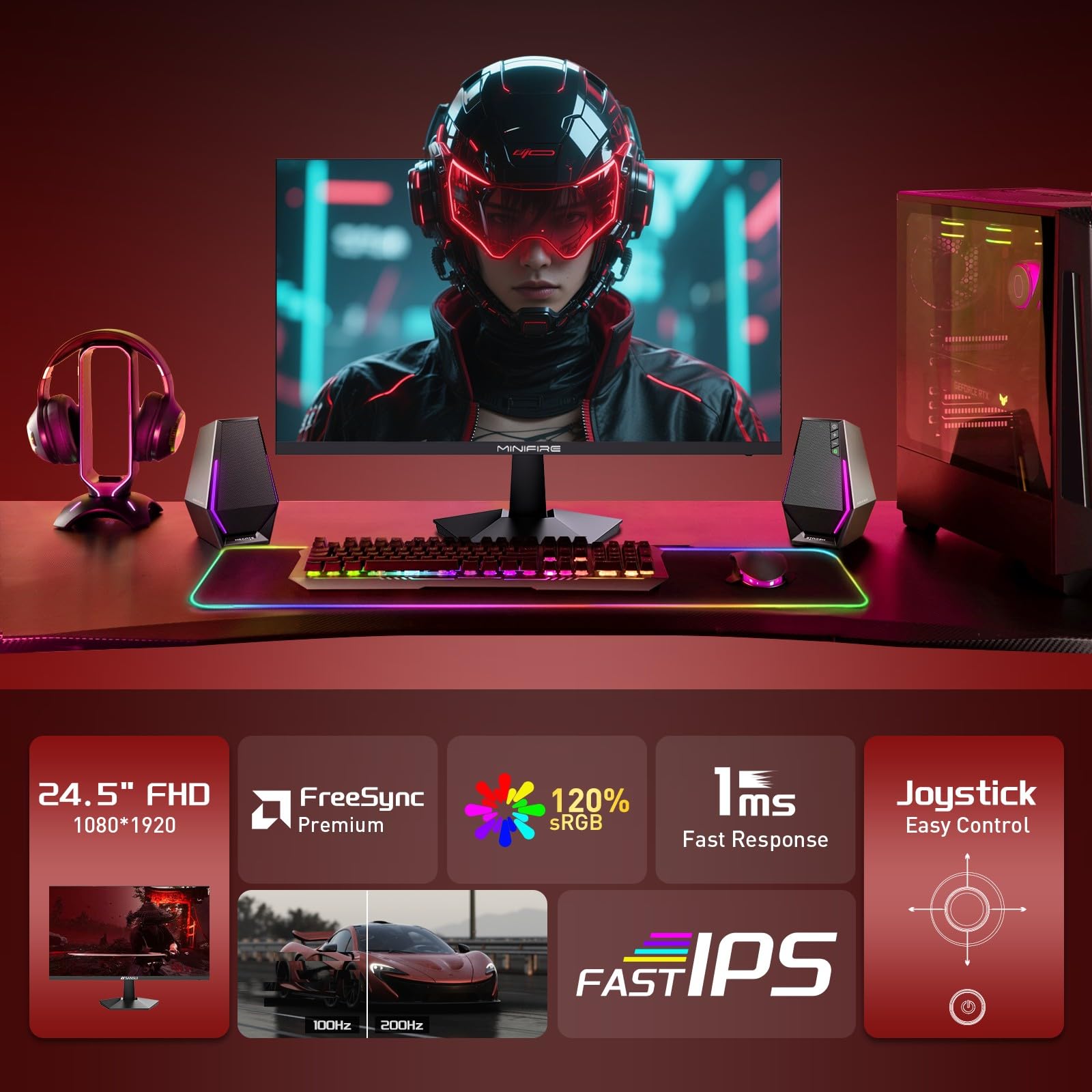 Minifire 27 Inch Gaming Monitor, 180Hz, Curved Gaming Monitor, Built in Speaker, Crosshair, 1Ms, sRGB130%, FHD 1080P Computer Screen, VESA Compatible, Eye Care Adaptive Sync HDMI＆DP Prots （MFG27C1 ）