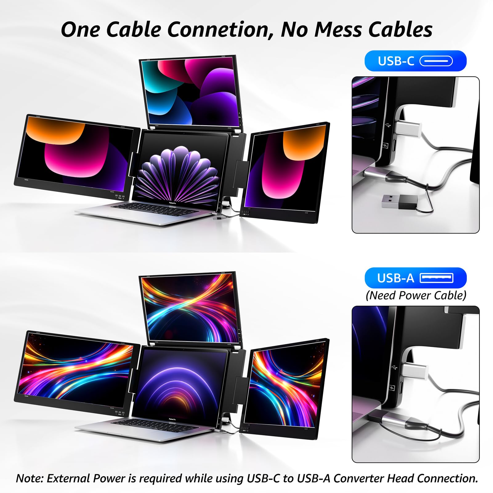 14" Triple Laptop Screen Extender, FHD IPS Multi Screen Extender with USB-C/USB-A, One Cable Connection Laptop Monitor Extender Compatible with Mac Windows Fits 11.6-15.6 Inch Laptops