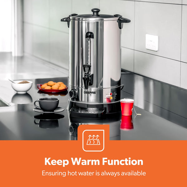 Geepas Electric Catering Urn, 1650W Instant Hot Water Boiler Dispenser - Tea Urn Kettle Home Brewing Commercial Office Use with Keep Warm - Easy Pour Tap, 15 Litre, Stainless Steel – 2 Year Warranty
