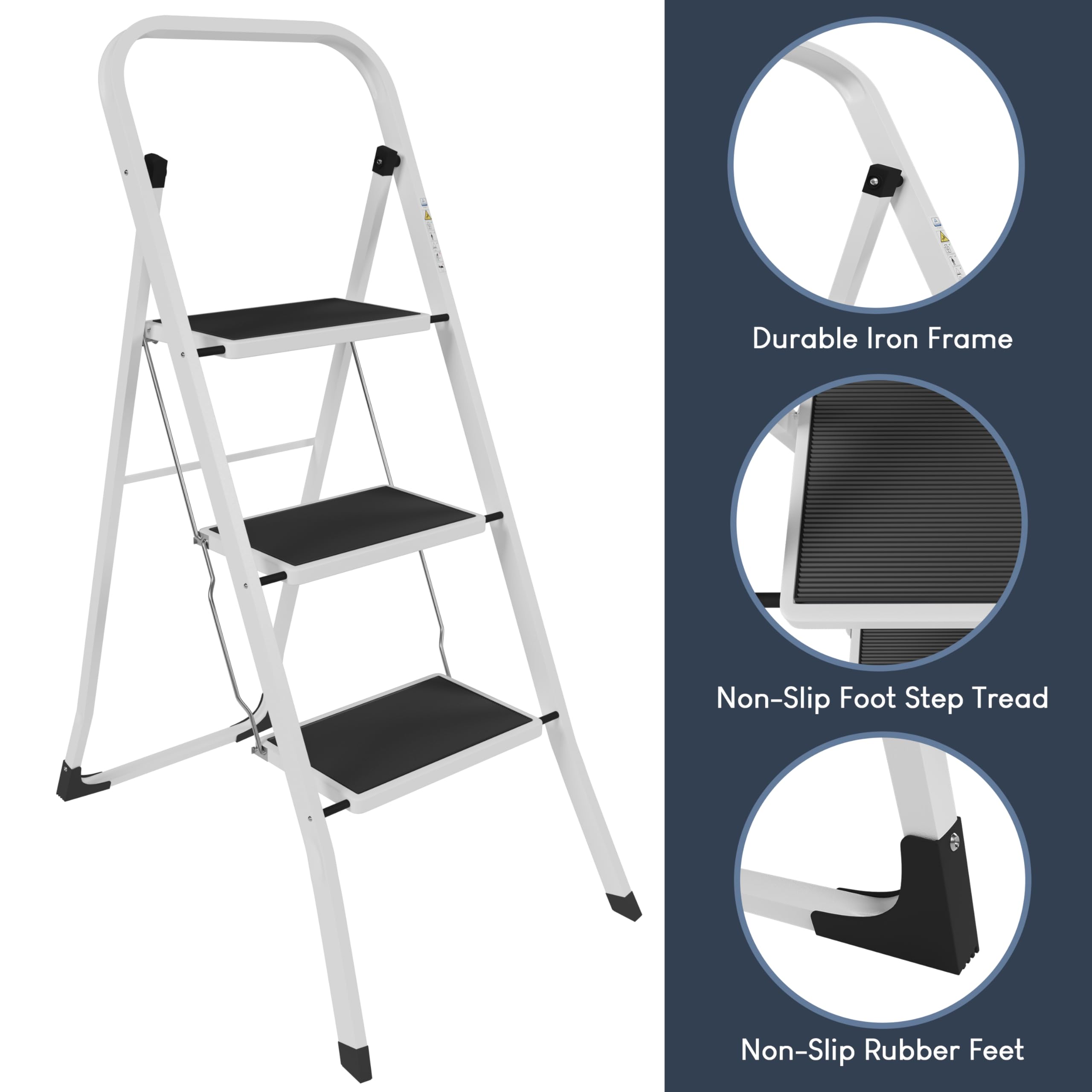 Home Vida 3 Step Ladder - Heavy Duty Steel Folding Ladder with Slip-Resistant and Wide Steps, Folding Mechanism, 150kg Max Load, Home/Kitchen/DIY/Garden Use, White