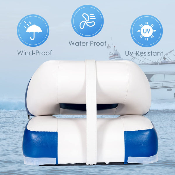 COSTWAY Set of 2 Foldable Boat Chairs, UV Weather Resistant Fishing Seat with Long Fixation Strap, Ergonomic Backrest and Thicken Foam, 50x43x52cm (Blue+White)