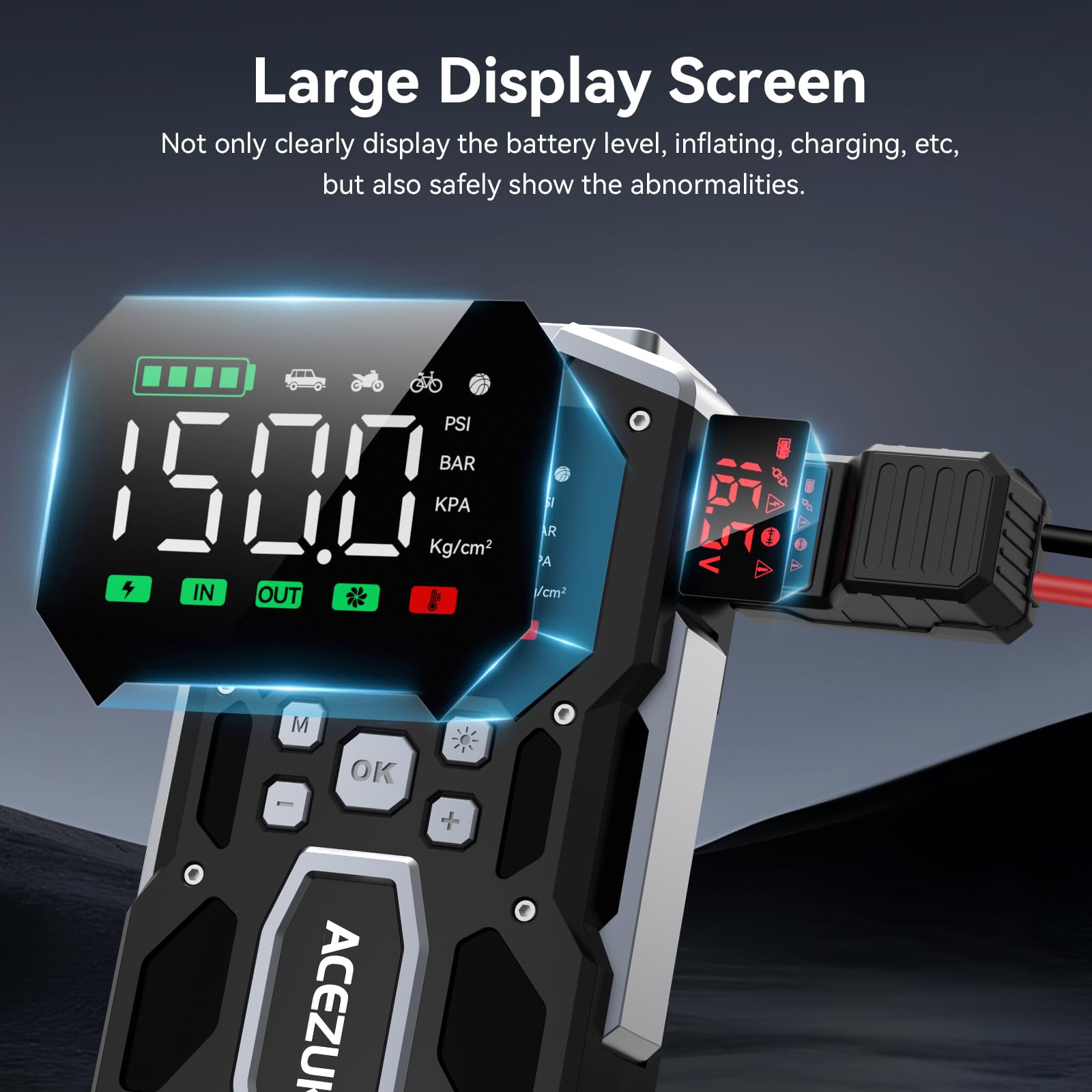 ACEZUK Battery Jump Starter Pack 5000A Car Jump Starter 12V 8-in-1 Car Battery Booster Pack Up to 7.0L Gas & 5.5L Diesel Engines Power Bank with Flashlight,Large Screen,Jump Leads