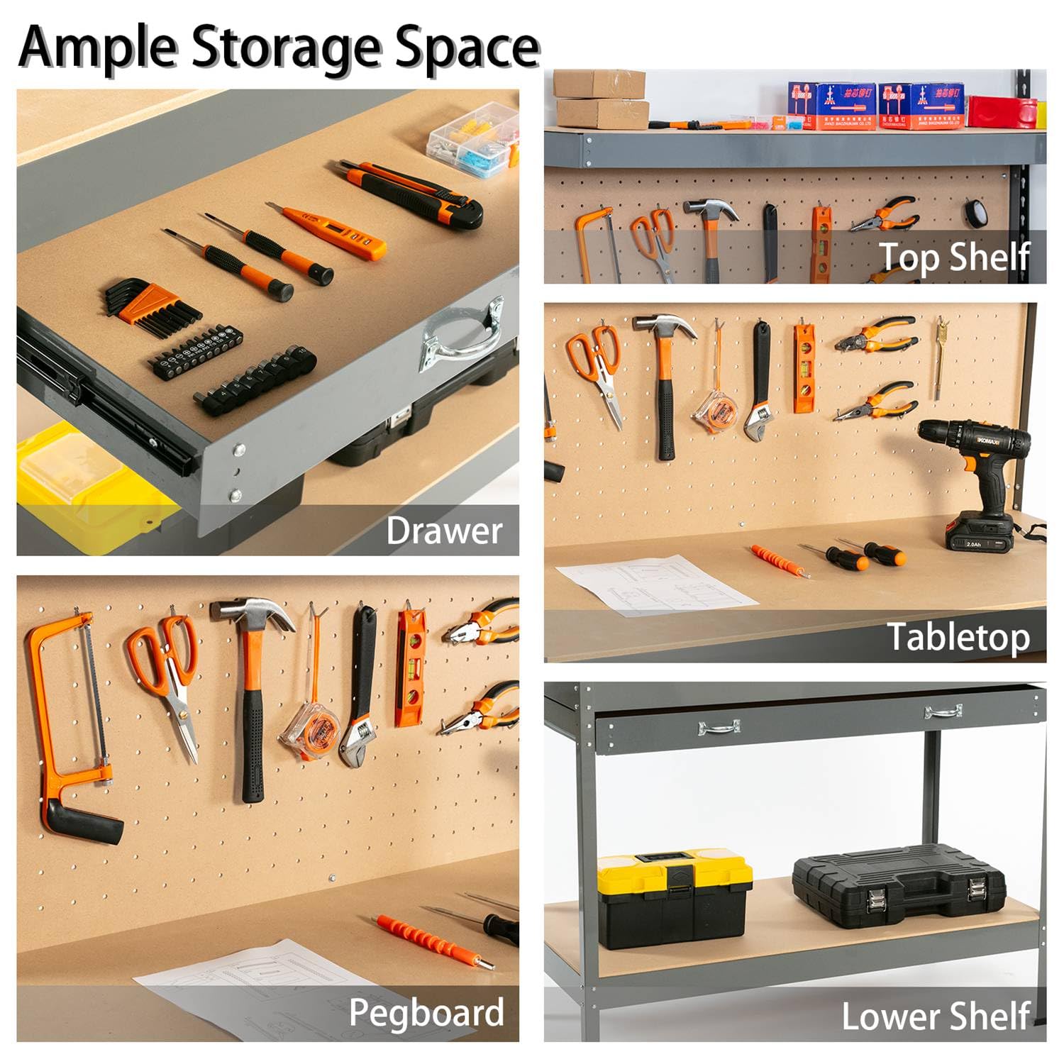 SwitZer New Red Steel Garage Tool Box Toolbox Work Bench Workbench Storage With Drawers Pegboard and 20 Pegs Shelf DIY Workshop Station