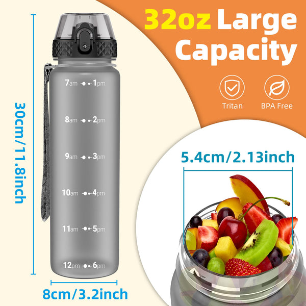 OLDLEY 1L/32oz Sports Water Bottle, 1000ml Motivational Drinks Bottle with Time Markings Leak Proof Drink & Lock Cover & No Straw, BPA Free for Adults Women Men Gym School Cycling Running Hiking