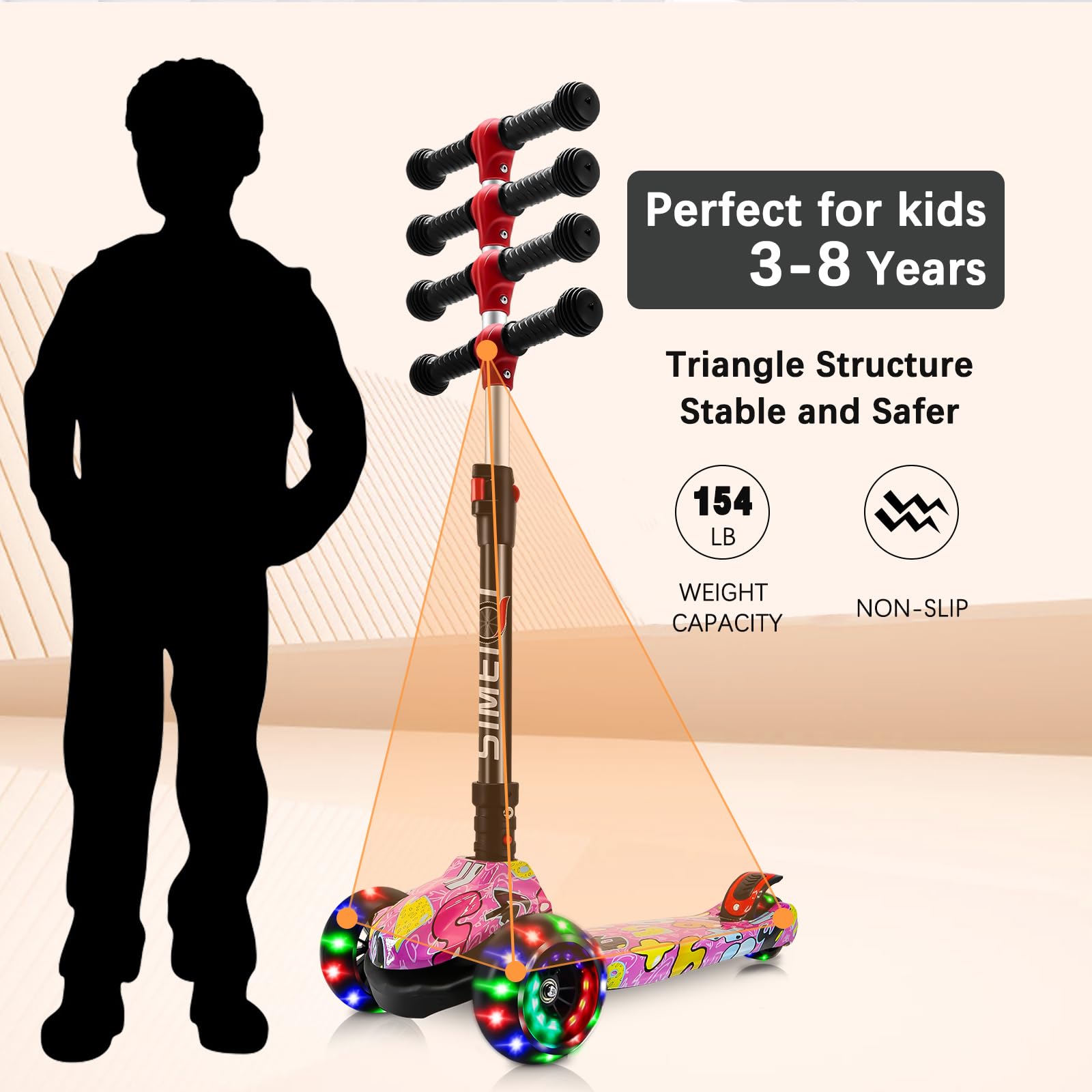 3 Wheels Kids Scooter for Boys Girls Ages 3-8 Years Old Boys Girls with Adjustable Height Flashing LED Lights Folding Kick Scooter