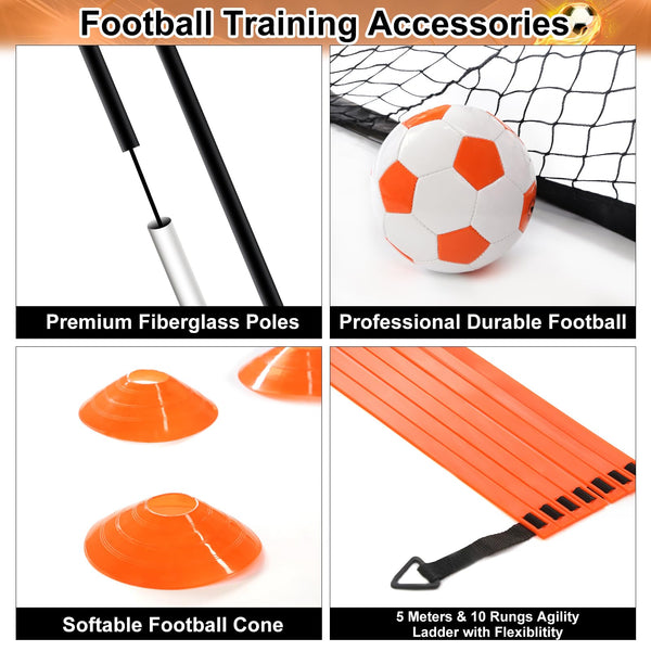 Football Goal Set with Football Training Equipment for Kids, Foldable Football Net with Speed Agility Ladder Disc Cones, Indoor Outdoor Garden Toy