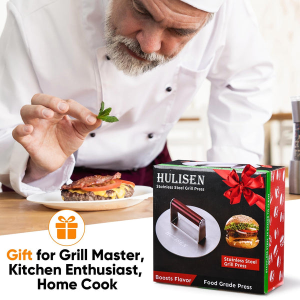 HULISEN 8.5-Inch Burger Press, 2.5 lbs Heavy Duty Bacon & Grill Press, Stainless Steel Smashed Burger Press, Round Smasher with Wood Handle, BBQ Griddle Accessories for Hamburger, Steak, Meat…