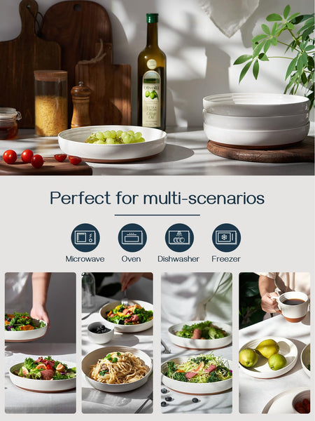 DOWAN Large Pasta Bowls Set of 4-9.75" Shallow Ceramic Dinner Plates, Plate/Wide Bowl, Microwave, Oven, Dishwasher Safe Kitchen Dinnerware - Modern