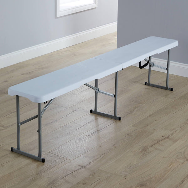 Home Source Pair of Folding Benches, Camping Party Picnic BBQ Stall Garden Indoor Outdoor, Metal Frame, White, 6ft