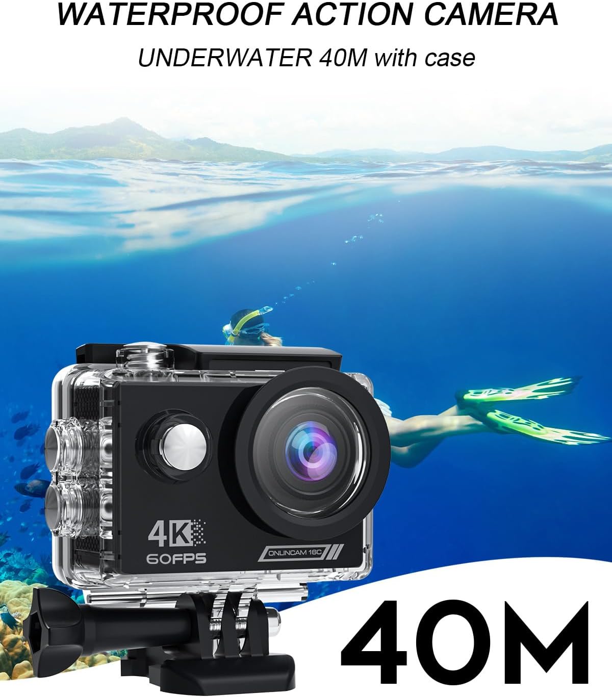 Yolansin 4K 60FPS Waterproof Action Camera: 64G SD Card 131ft Underwater Camera,HD 48MP Waterproof Camera,WiFi Sports Cameras with 2 Batteries Helmet Mount Accessories Kits