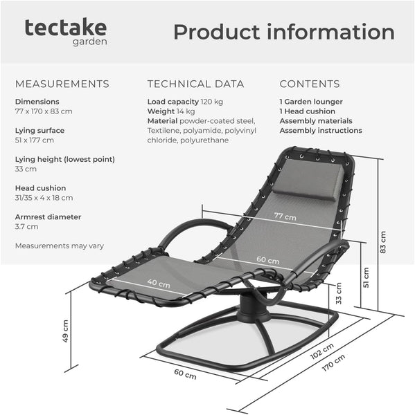 TecTake® Sun Lounger with Rocking Function, Ergonomic Garden Chair with Breathable Fabric, Thick Head Cushion, Curved Armrests & Sturdy Steel Frame, Outdoor Chair for Garden, Patio, Balcony - Grey