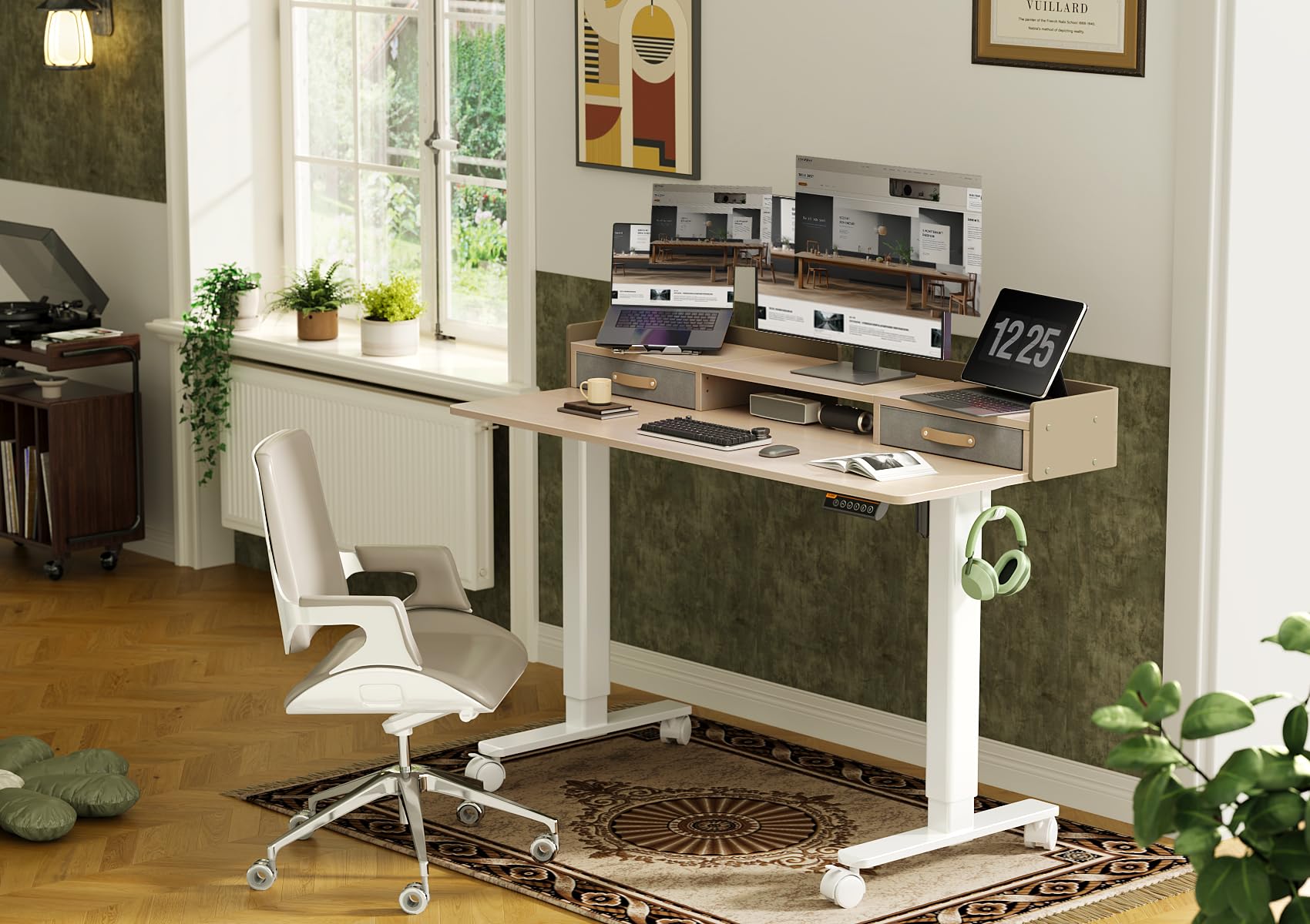 Claiks Electric Standing Desk with Drawers, 120x60cm Height Adjustable Desk with Storage Shelf and Splice Board, Stand Up Desk for Home Office, White Frame/Maple Top