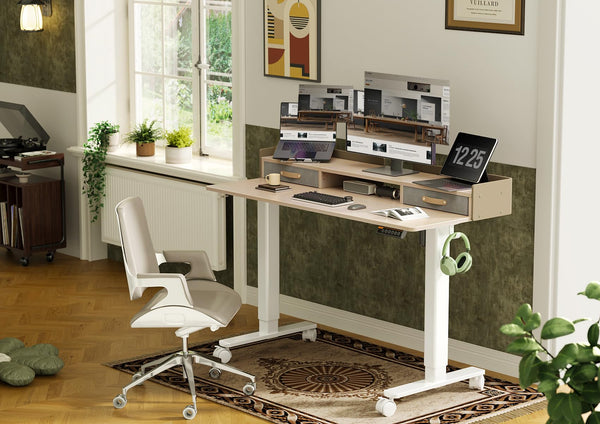 Claiks Electric Standing Desk with Drawers, 120x60cm Height Adjustable Desk with Storage Shelf and Splice Board, Stand Up Desk for Home Office, White Frame/Maple Top