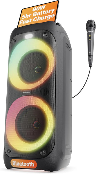 Oakcastle Party Loud Bluetooth Speaker | 80W Karaoke Machine with 5H Playtime | TWS Multi-Speaker Link, Party LED Lights, EQ Control, & Wired Microphone Included | Oakcastle PS200 disco speaker