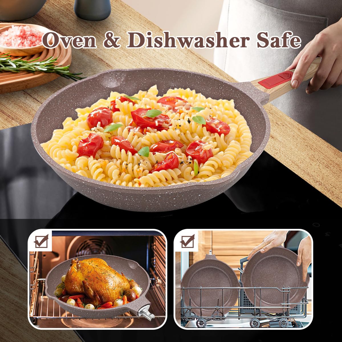AIKENBBKK Nonstick Ceramic Deep Frying Pan Set, 26 cm+ 28 cm Healthy Frying Pan Skillet Set with Detachable Handle, Oven& Dishwasher Safe, PFAS PFOA &