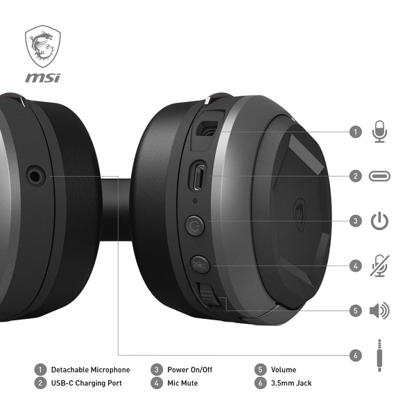 MSI IMMERSE GH50 GAMING HEADSET - 7.1 Virtual Surround Sound, Vibration Feedback, 40mm Neodymium Drivers, RGB Lighting, Detachable Mic, Inline Controls, USB 2.0 Connector - Wired (Package may vary)