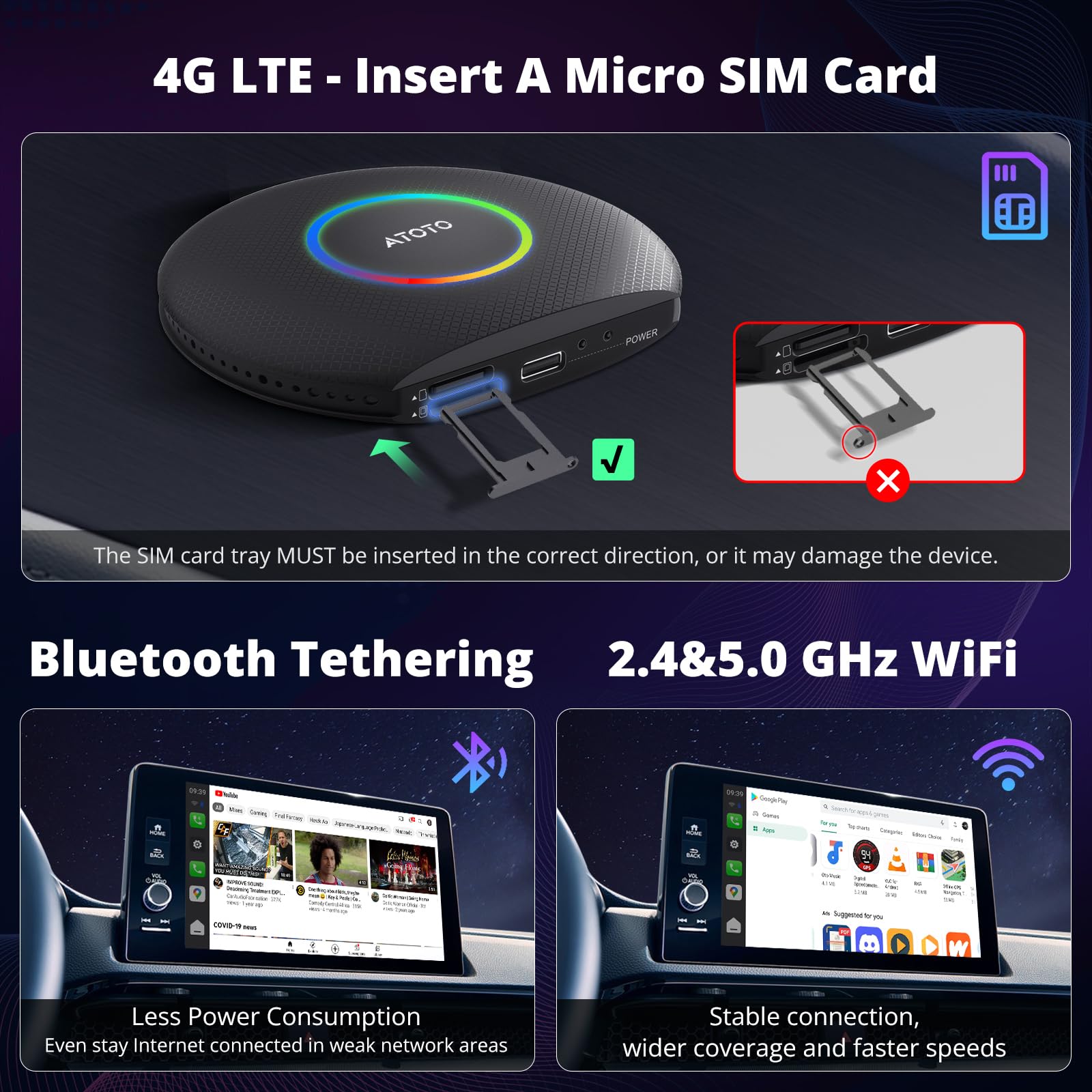 CB6 CarPlay AI Box Android 13 CarPlay Wireless/Android Auto Converts Wired to Wireless with 4G LTE, 5G Wi-Fi, 2 Bluetooth, AI Dongle, Support for YouTube, 4G+64G, Black