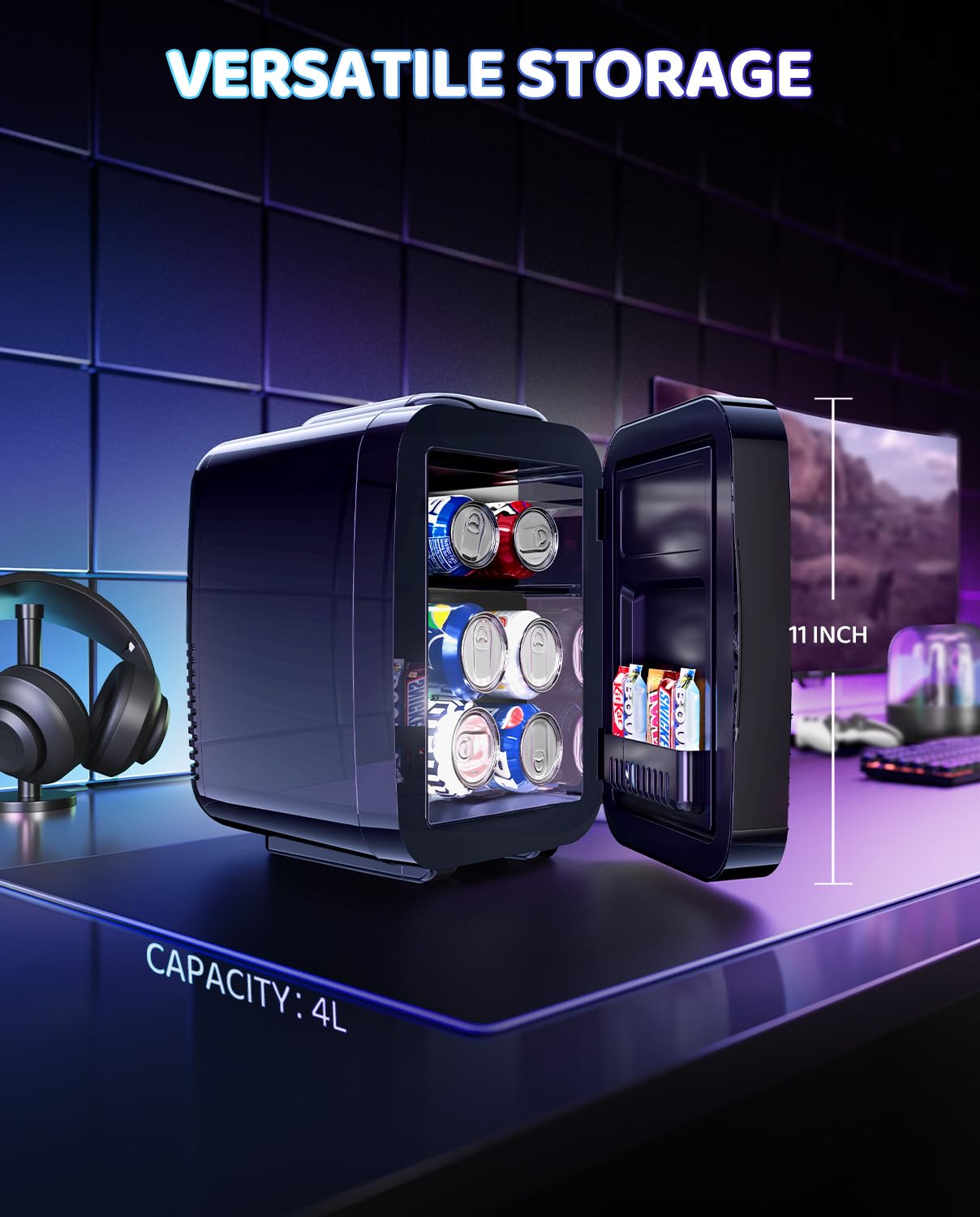 LIGIANT MF01C Mini Fridge, 7 Light Modes Including Flashing Marquee, Quiet Cooling & Warming Function, AC/DC Power, 4 L/6 Cans Capacity, Small Refrigerator for Gaming Room, Bedroom, Office and Car