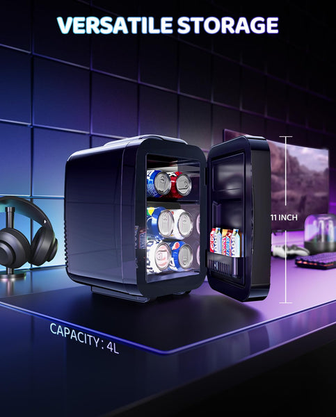 LIGIANT MF01C Mini Fridge, 7 Light Modes Including Flashing Marquee, Quiet Cooling & Warming Function, AC/DC Power, 4 L/6 Cans Capacity, Small Refrigerator for Gaming Room, Bedroom, Office and Car