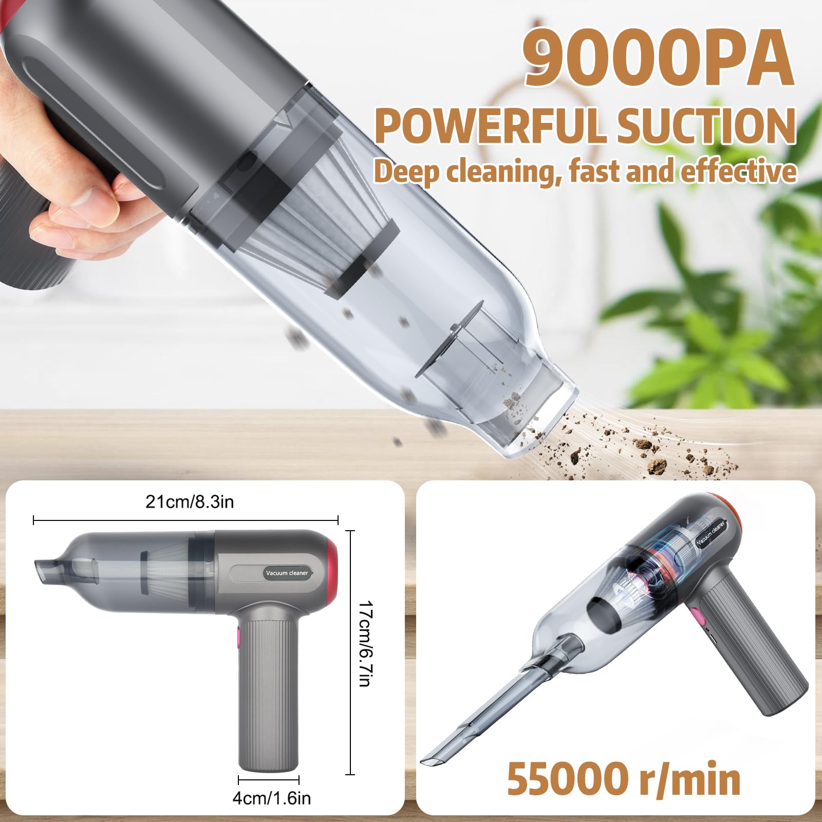 Handheld Vacuum Cordless, 9000Pa Powerful Car Vacuum Cleaner, Rechargeable Portable Lightweight Mini Vacuum Cleaner, USB Car Vacuum Cleaner Car Cleaner for Pet Hair, Car, Home, Office, Kitchen