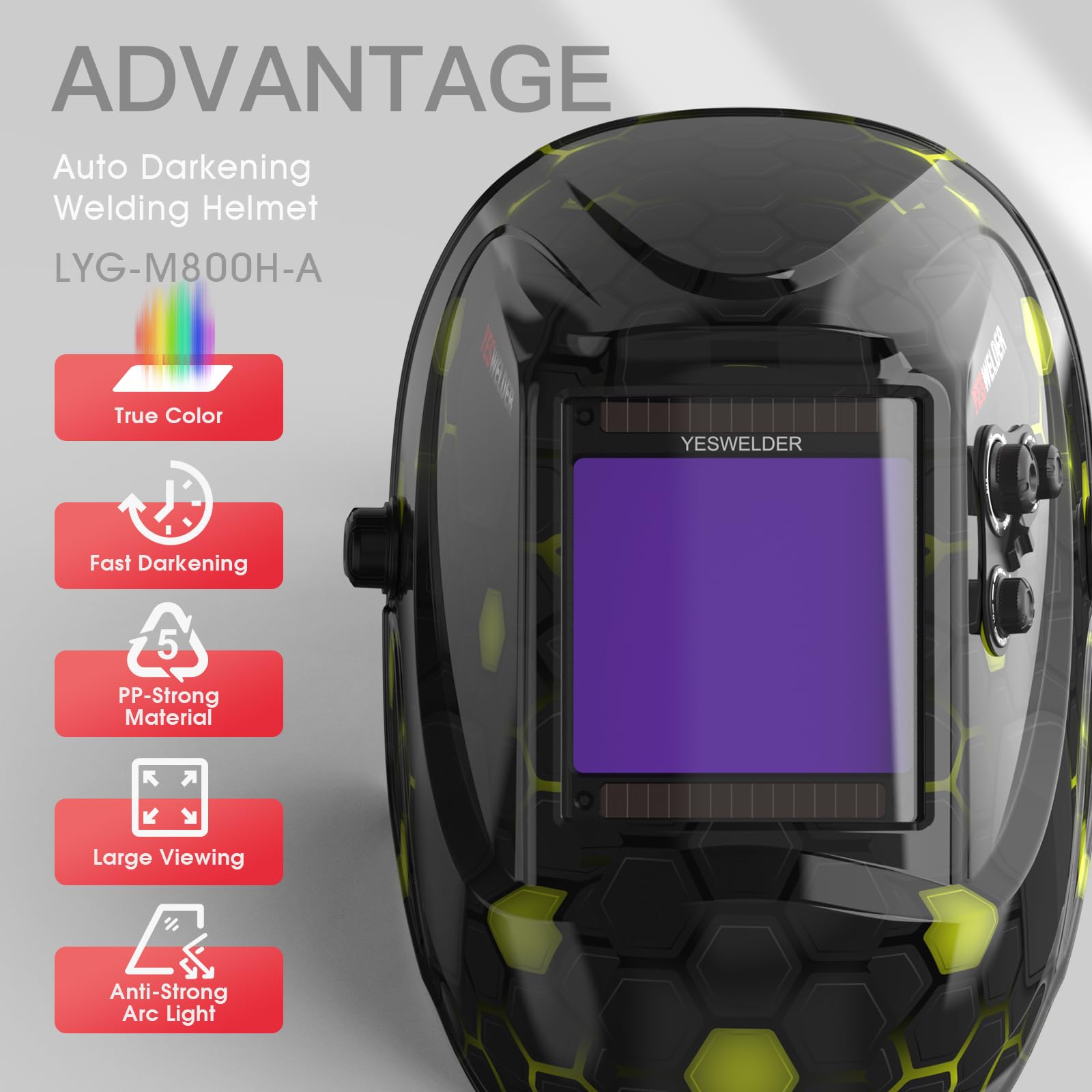 YESWELDER Welding Mask True Colour Large View 10X9cm Auto Darkening Welding Helmet Solar Powered Replaceable Battery, 4 Premium Sensors Wide Shade 4/5-9/9-13 for TIG MIG ARC CUT GRIND Welder Mask