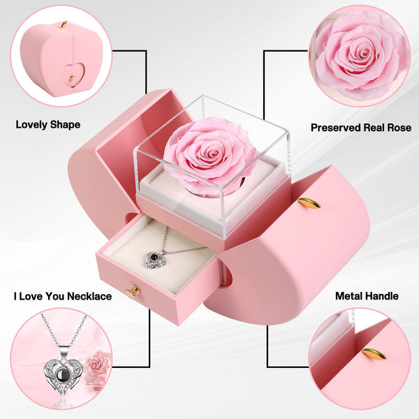 Firestyle Preserved Real Rose Gifts for Women,Mum,Wife,Eternal Flowers Rose with I Love You Necklace in 100 Languages,Gifts for her on Birthday,