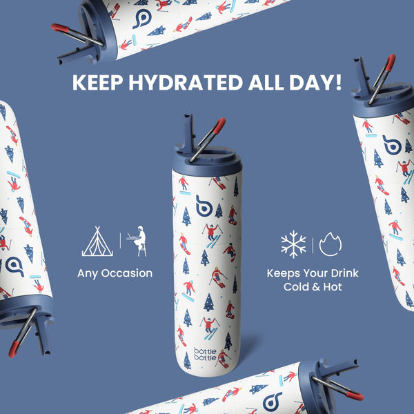 Insulated Water Bottle 700ml(24oz) with Straw, Lid, and Handle - Stainless Steel Sports Travel Gym Bottle for Men and Women (Skiing)