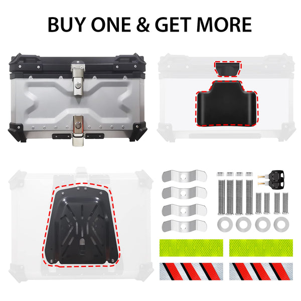 VOKKA Motorcycle Top Box, 65L Aluminium Alloy Waterproof Dustproof and Anti-Theft, Luggage Box for Storage Helmet, Motorbike Top Case with Backrest and Baseplate (Silver)