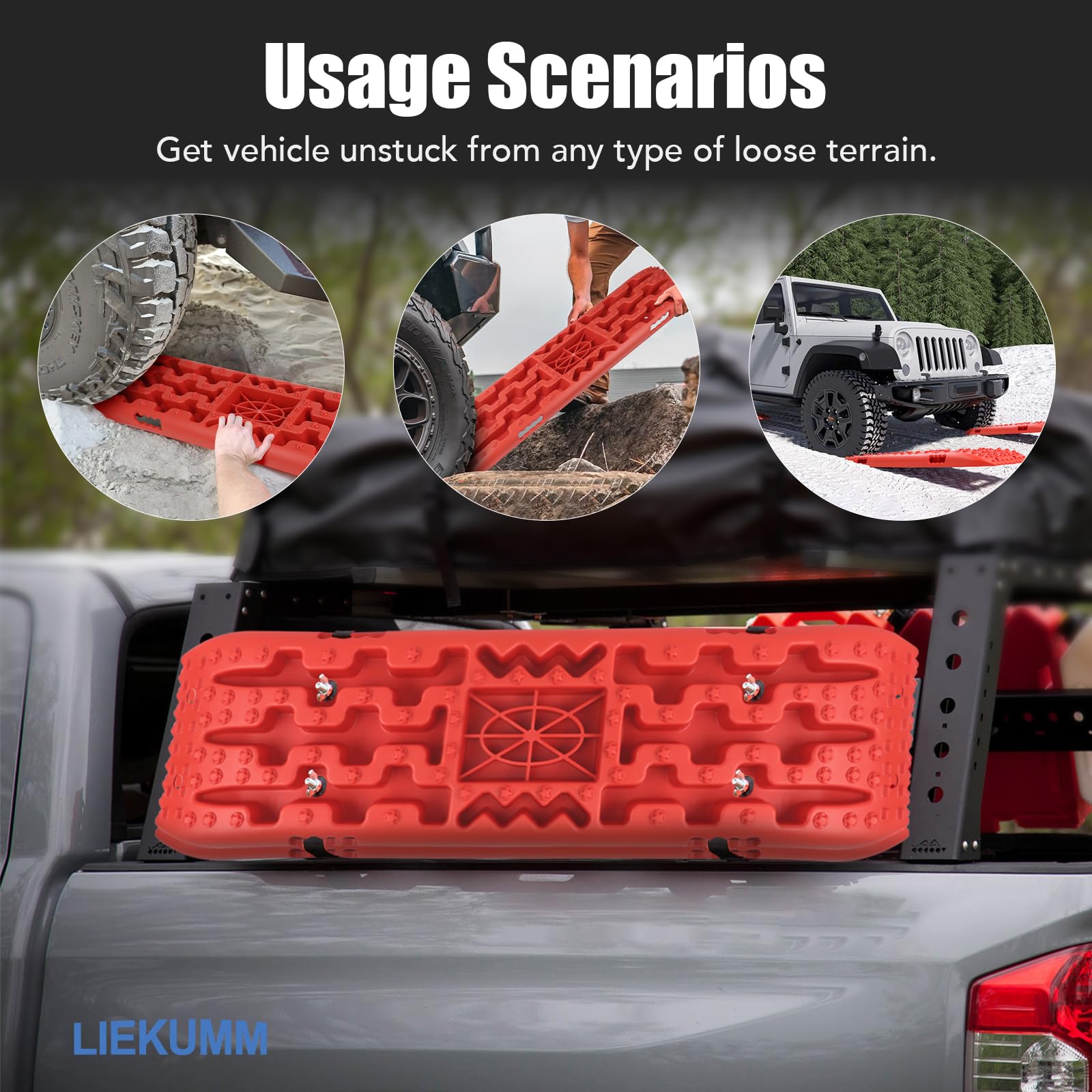 LIEKUMM 2PCS Traction Boards with Jack Lift Base, 104 cm Off-Road Traction Boards for Sand, Mud, Snow, 10 T Capacity Heavy Duty Recovery Tracks for Cars, Trucks, SUVs, Red