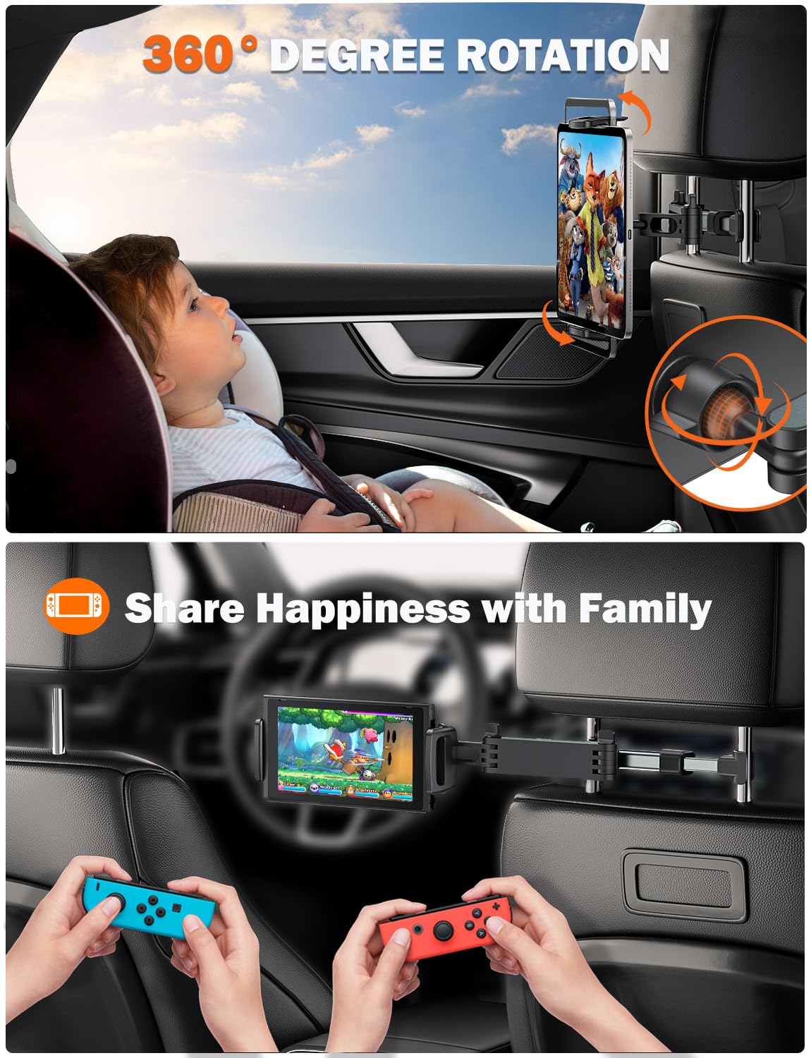 TRYONE Car Headrest Tablet Holder Mount Stretchable Backseat Tablets Stand for Kids, Car Seat Mounts Compatible with iPad Pro 12.9 Air Mini, iPhone, Galaxy Tab, Switch, All 4.7-12.9" Screen Devices