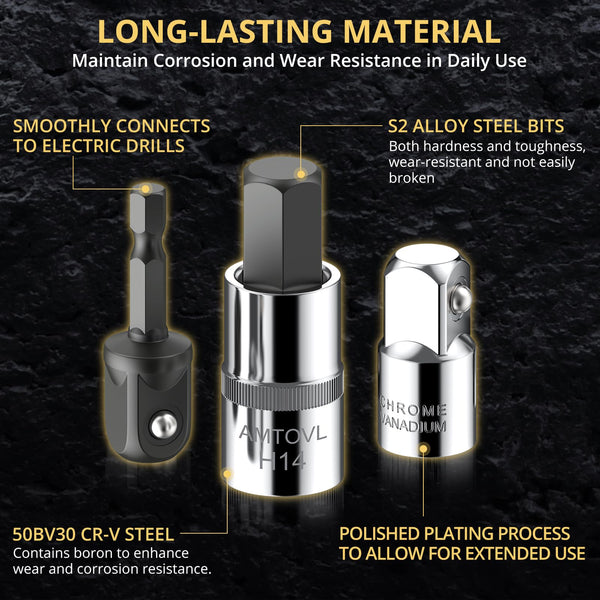 AMTOVL 15-Piece Triple Square Spline Bit Socket Set - S2 Alloy Steel & 50BV30 CRV XZN Bits - Includes 1/4", 3/8", 1/2" Drive Sizes (4,5,6,8,9,10,16,18mm) with Adapter - Fit for Automotive & DIY