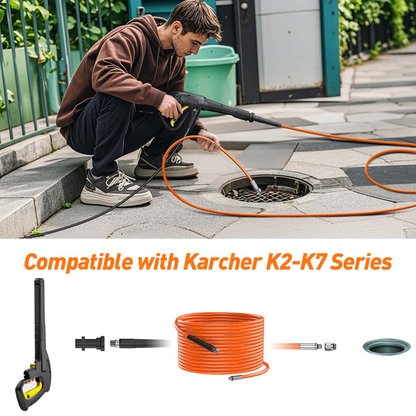 DANCINGBOAR 15M Pressure Washer Drain Pipe Hose Cleaning Kit with Jet Nozzle, Tube Unblocker Sewer Jetter Kit Compatible for Karcher K2 K3 K4 K5 K6 K7 Series, 2600PSI/180BAR