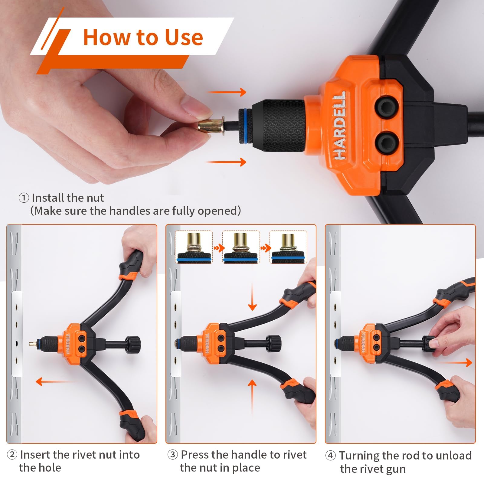 HARDELL Rivet Nut Tool, 14" Rivnut Tool with 100 Pcs Rivet Nuts and 7 Metric & Inch Mandrels M6 M8 M10, 1/4-20, 5/16-18, 3/8-16, 10-24 and Rugged Carrying Case