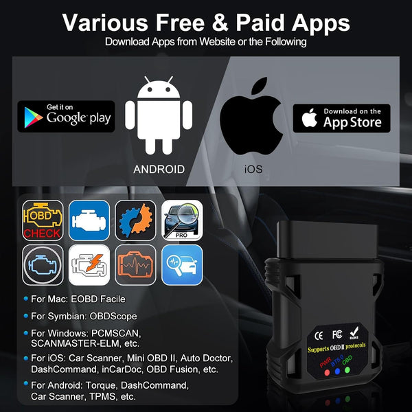 OBD2 Bluetooth 5.0 Code Reader for iPhone iOS Android Windows Car Auto ODB2 Scanner Adapter OBD II Diagnostic Scan Tool for Check Engine Lights