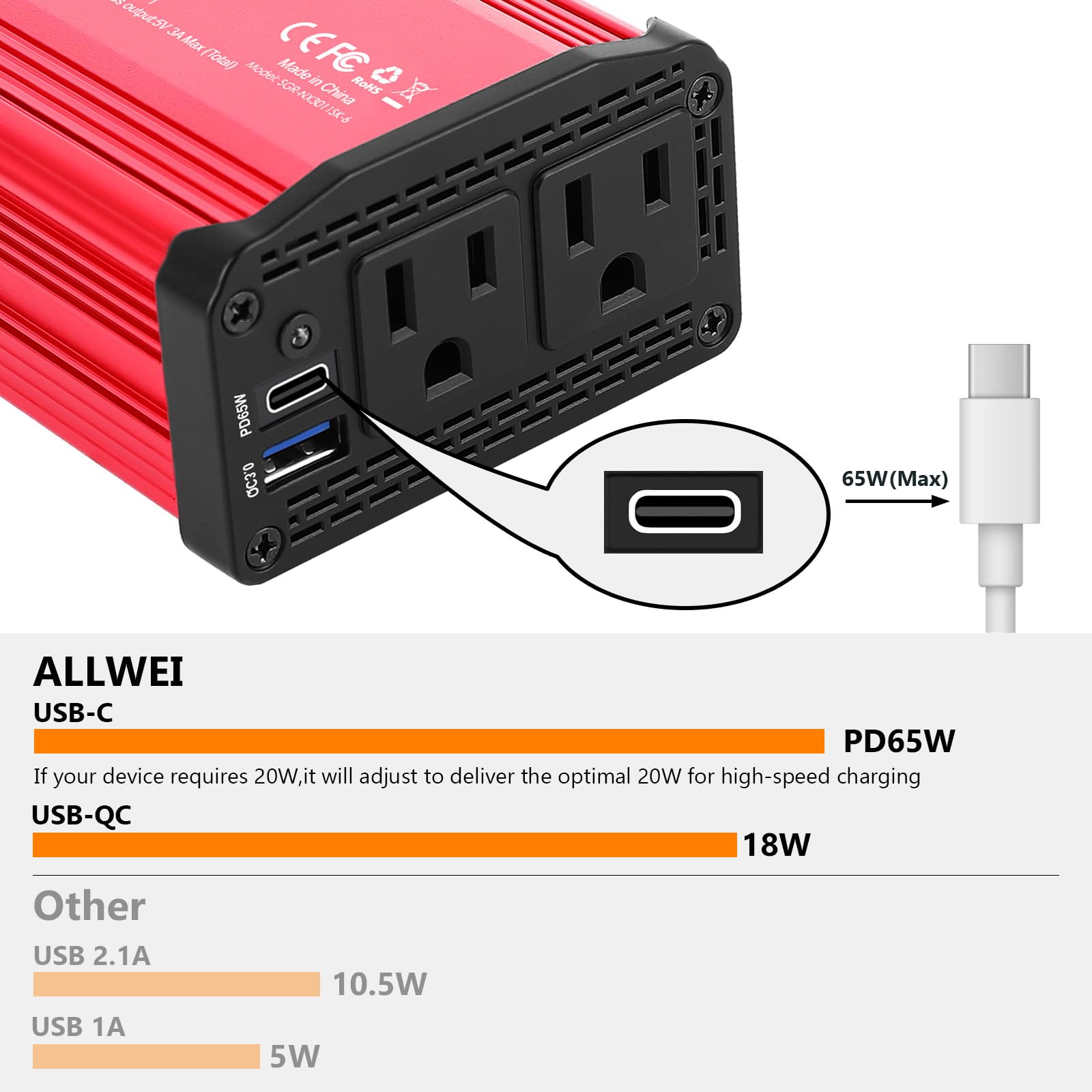 ALLWEI 300W Car Power Inverter with 27W USB-C and 3.0 USB Port - DC 12V to 240V / 230V AC Power inverters for Vehicles Converter Fast Charging Ports Car Charger Adapter (Red)