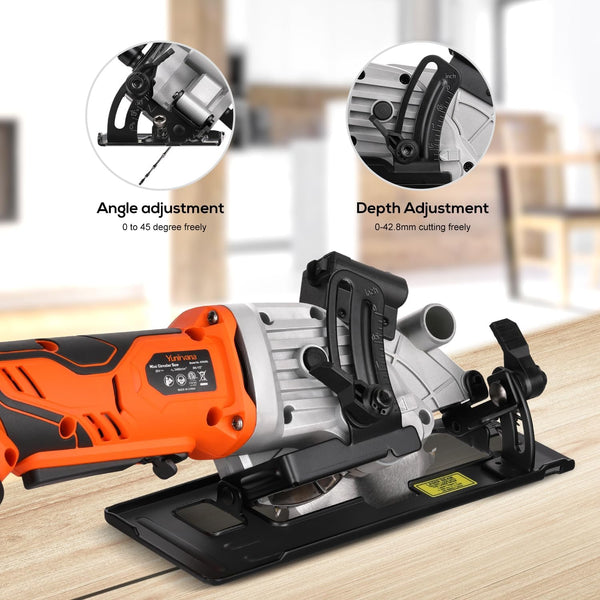 Yunirvana Mini Circular Saw, 20V 3400RPM Professional Cordless Circular Saw, Adjustable Angle and Depth,Max Cutting Depth 42.8mm (90°), 28mm(45°),Laser Guide,Blade 115mm