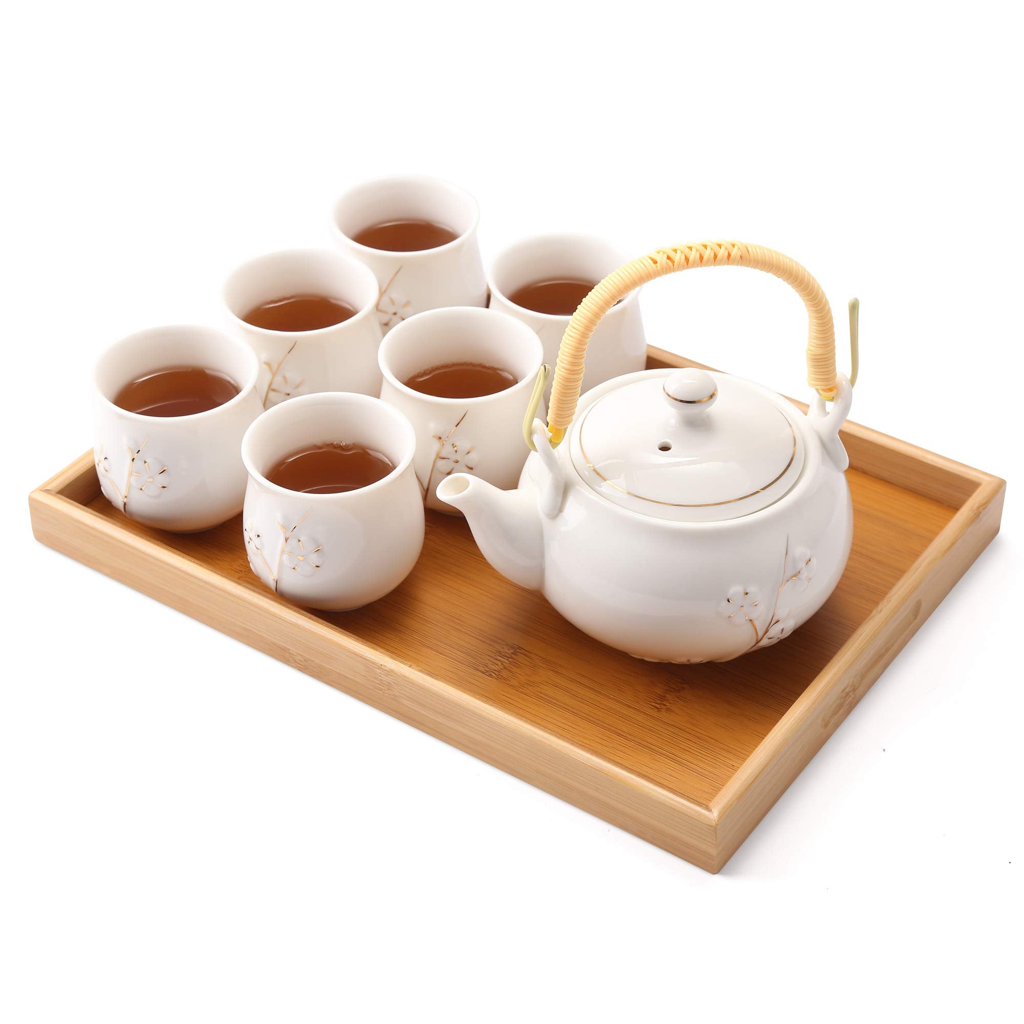 Dujust Japanese White Porcelain Tea Set - Teapot, 6 Tea Cups, Tray & Stainless Infuser - Plum in Golden