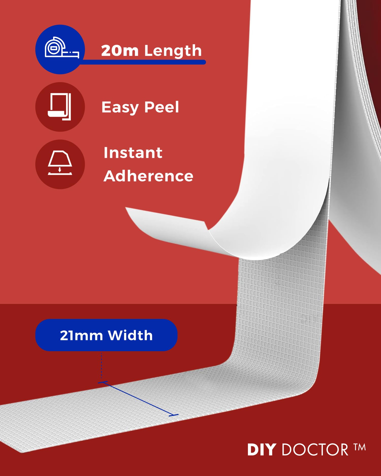 DIY Doctor Heavy Duty Double Sided Carpet Tape – 20m long x 21mm wide, No Residue Extra Strong Sticky Rug Grip Adhesive Tape, Ideal for Home & Professional Use