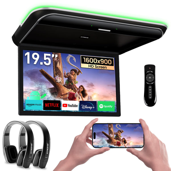 XTRONS Android Car Overhead Player 19.5 Inch Octa Core Car Roof Mount Monitor Wide IPS Screen 8K Video Built-in Stereo Speakers Flip Down Overhead Car Monitor Support 4G WiFi HDMI Input USB RCA Input