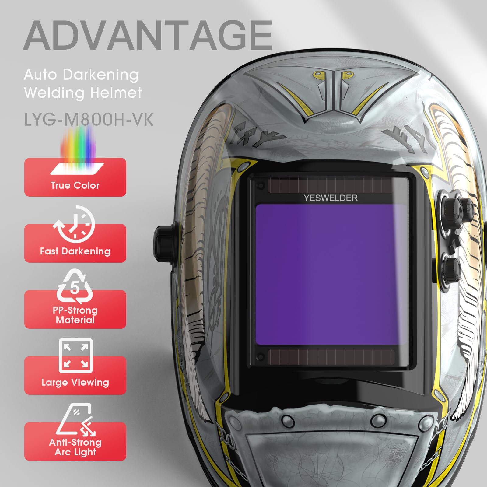 YESWELDER Welding Mask True Colour Large View 10X9cm Auto Darkening Welding Helmet Solar Powered Replaceable Battery, 4 Premium Sensors Wide Shade 4/5-9/9-13 for TIG MIG ARC CUT GRIND Welder Mask