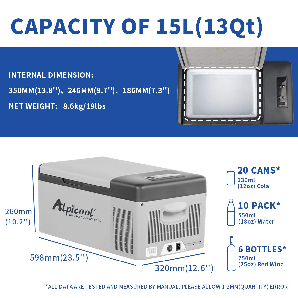 Alpicool C9PT 9L Compressor Car Fridge Freezer, DC 12v Camping Refrigerator, Portable Mini Cool Box for TruckCampervanRVBoat, -20℃ to 20℃(Black)