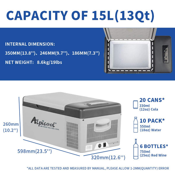 Alpicool C9PT 9L Compressor Car Fridge Freezer, DC 12v Camping Refrigerator, Portable Mini Cool Box for TruckCampervanRVBoat, -20℃ to 20℃(Black)