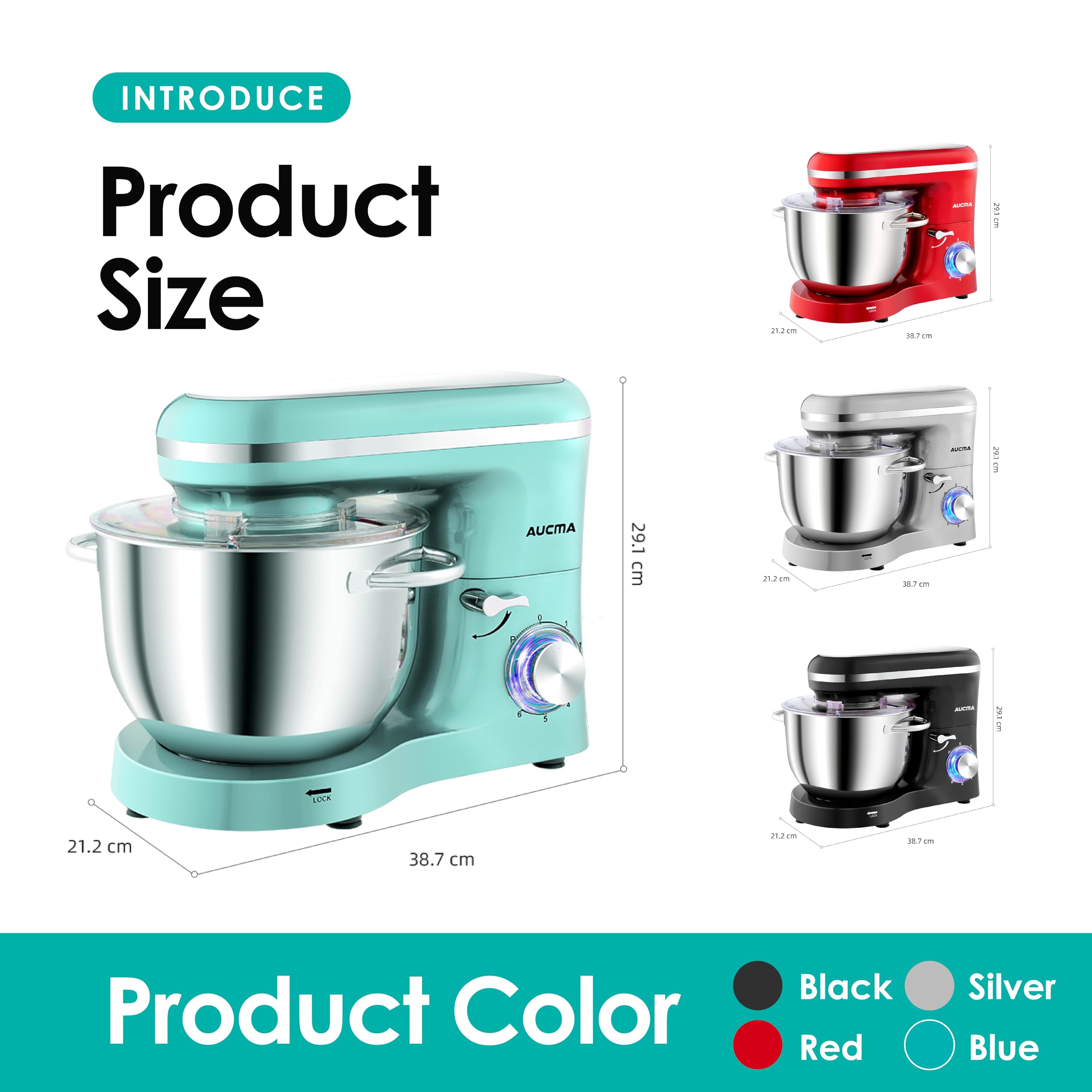 Aucma Stand Mixer, 6.2L Food Mixers for Baking, Electric Kitchen Mixers with Bowl, Dough Hook, Wire Whip & Beater (6.2L, Black)