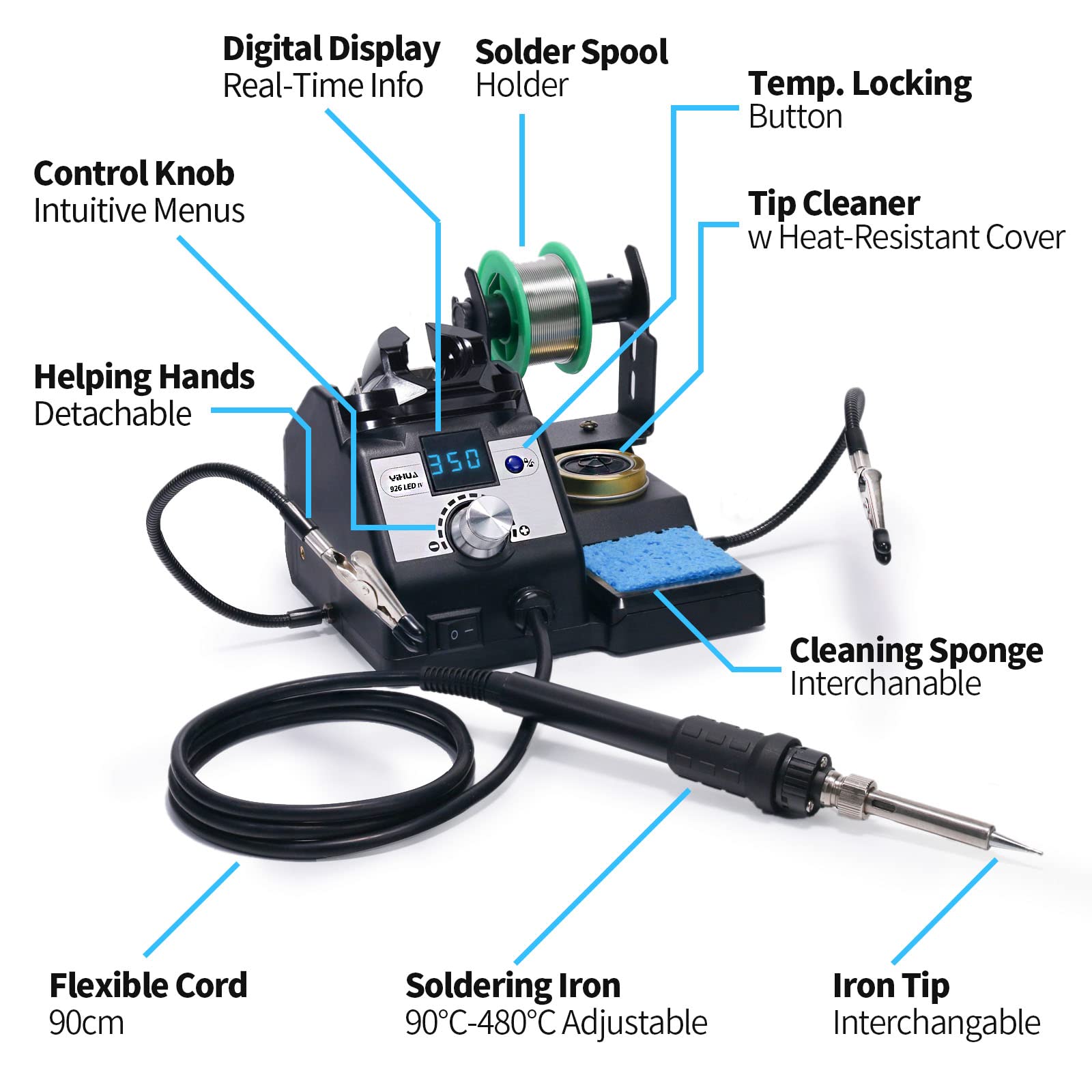 YIHUA 926LED IV 60W Digital Soldering Iron Station Kit w Temperature Stabilization for Soldering & Desoldering w Helping Hands 5 Soldering Iron Tips Lead-Free Solder Solder Sucker UK Plug (Silver)