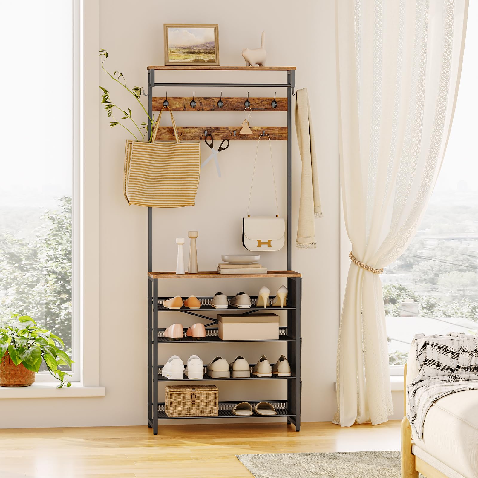 HOOBRO Coat Stand, Coat Rack with Shoe Storage, Hall Tree with Tiltable Mesh Shelves, 4 Removable Hooks, Side Storage Pocket, Shoe and Coat Rack for