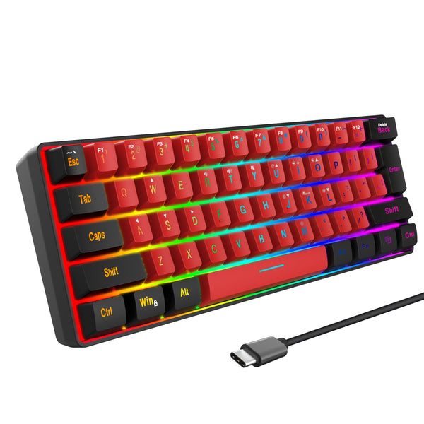 Snpurdiri 60% Wired Mechanical Gaming Keyboard, Mini 61-Key With Red Switches for PC, Windows XP, Win 7, Win 10 (Black-Red)