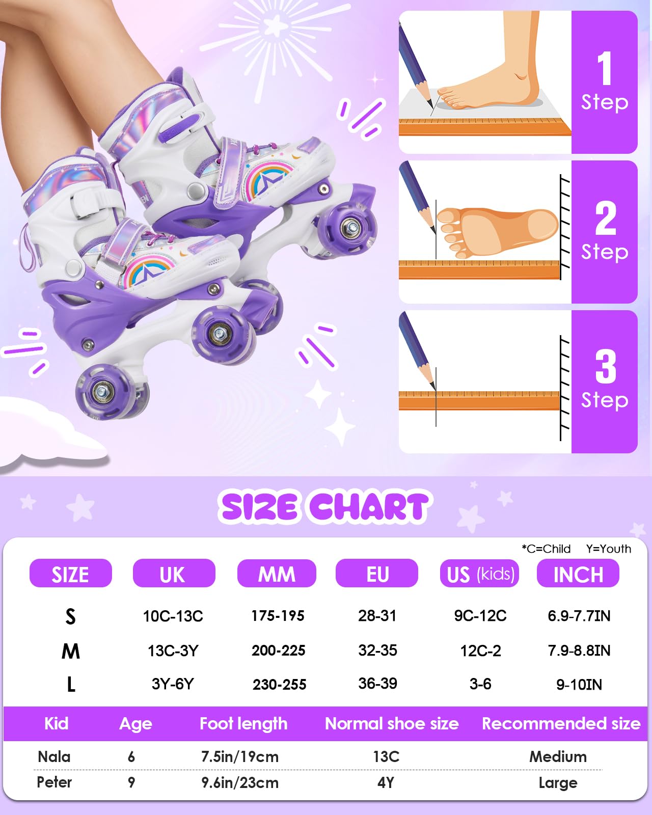 Hozzen Girls Roller Skates for Kids - 4 Size Adjustable Light Up Quad Skates for Girls - Rainbow Purple Shiny Illuminating Children Roller Skates for