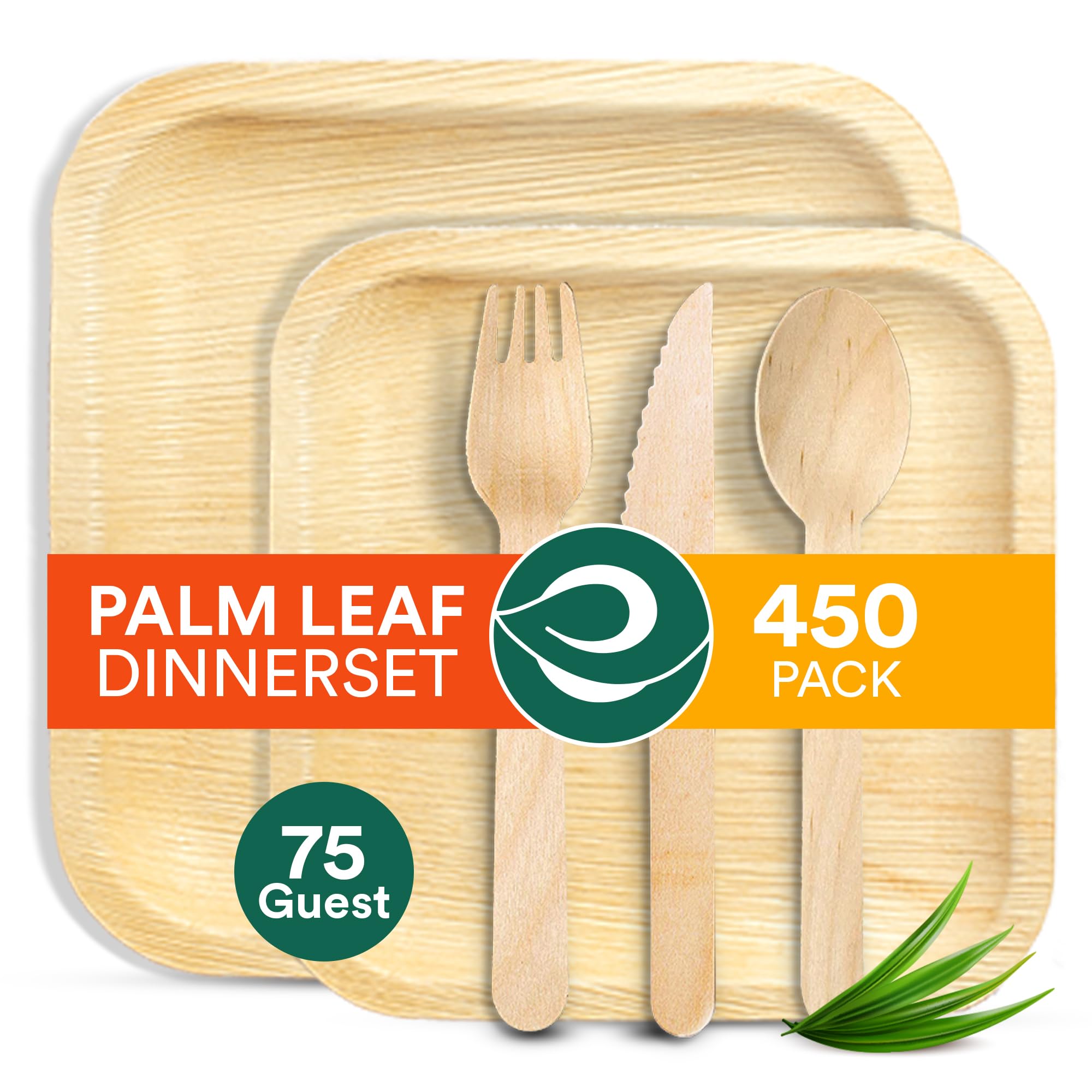 ECO SOUL 100% Compostable Palm Leaf Dinnerware Set For 75 Guests [10", 6" Square plates 75 Count each | Fork, Knife, Spoon, 100 Count each] |