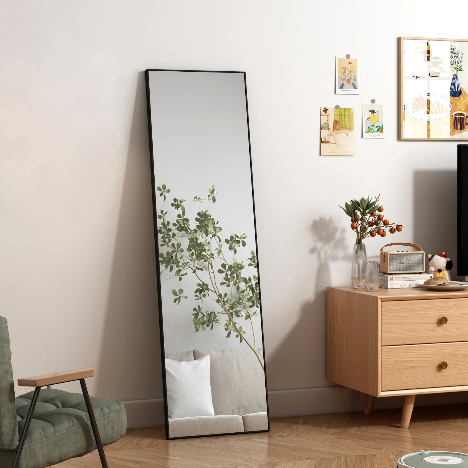 Hoikwo Standing Mirror 55.12x16.15 inches,Full Length Mirrors 140x41cm with Black Frame for Bedroom, Living Room or Bathroom