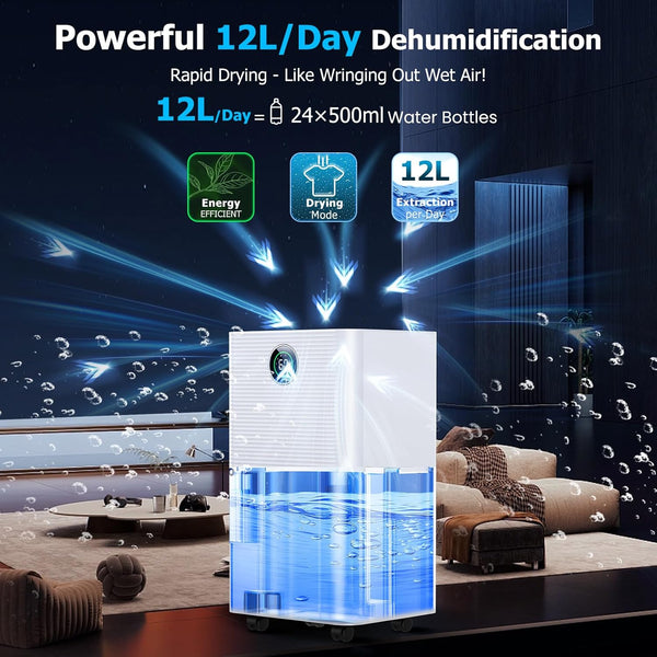 12L/Day Dehumidifier with Humidity Sensor & Display and 24-Hour Timer, 3 Dehumidification Modes, Suitable Bedrooms, Office, Basements, Continuous Draining, White